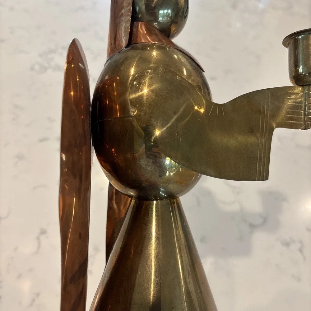 VTG Brass Copper Angel Candle Holder 12 Inch Mid-Century Modern Patina Hong Kong
